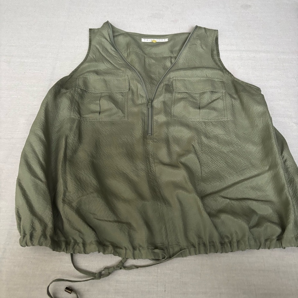 Trina Turk, Sleeveless Zip up Top 100% silk, Khaki, Top, L | Silk